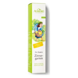 Verpackung für Dr. Klade's Zitrogarten Kräutertee-Konzentrat mit farbenfrohem, illustrativem Design.