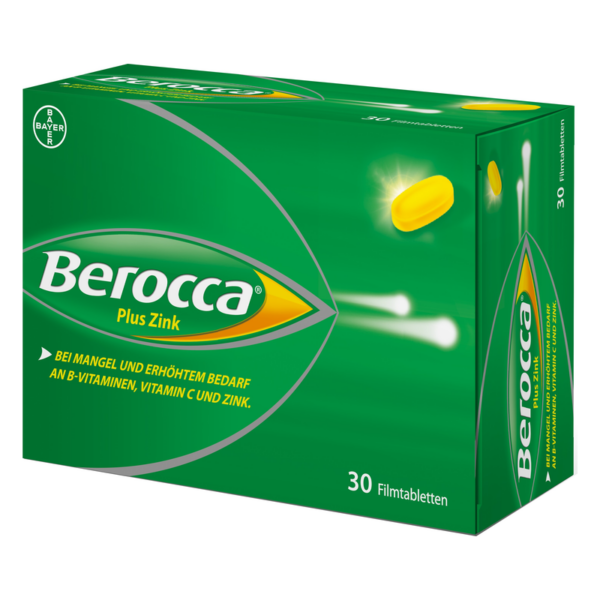 Verpackung von Berocca Plus Zink mit 30 Filmtabletten in grüner Schachtel, betont Vitamin B, C und Zink.
