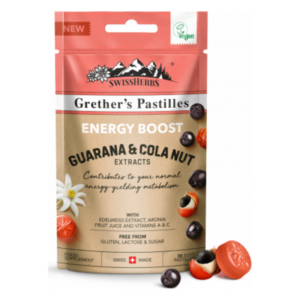 Verpackung von Grether's Pastillen mit Energiebooster aus Guarana und Cola-Nuss, vegan, ohne Zucker und Laktose.