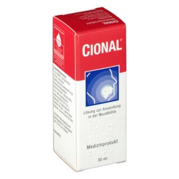 Verpackung einer Mundhöhlenlösung namens CIONAL, 30 ml, mit rotem Deckel und grafischem Logo.