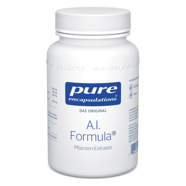Weißer Plastikbehälter mit Schraubverschluss, der A.I. Formula mit Pflanzenextrakten enthält.