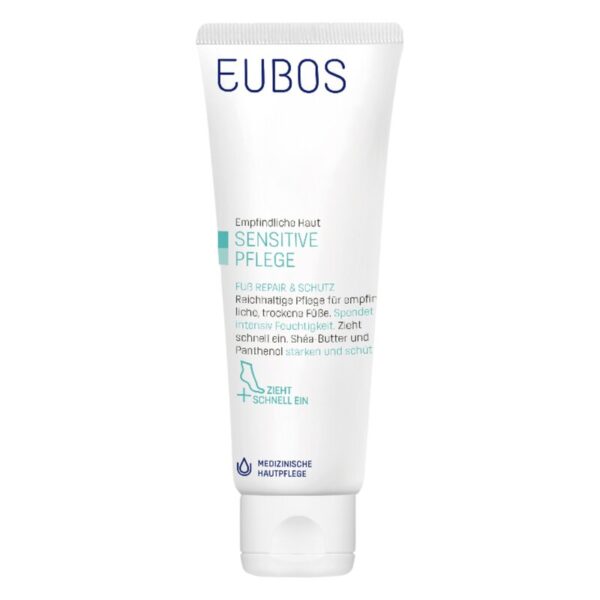 Pflegecreme für empfindliche Haut in einer weißen Tube mit blauer Schrift und medizinischem Hinweis.