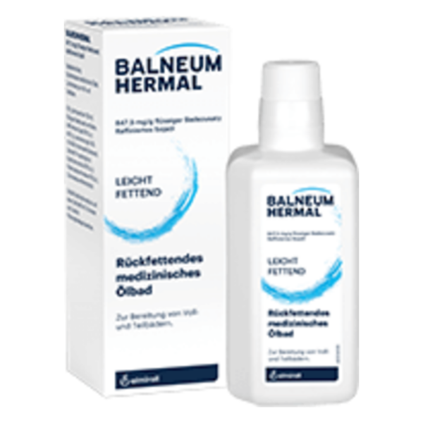 Flasche mit medizinischem Öl von Balneum Hermal, steht neben der Verpackung, leicht fettend