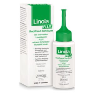 Linola PLUS Kopfhaut-Tonikum in einer weißen Flasche mit grüner Kappe und passender Umverpackung, enthält Echinacea-Extrakt.