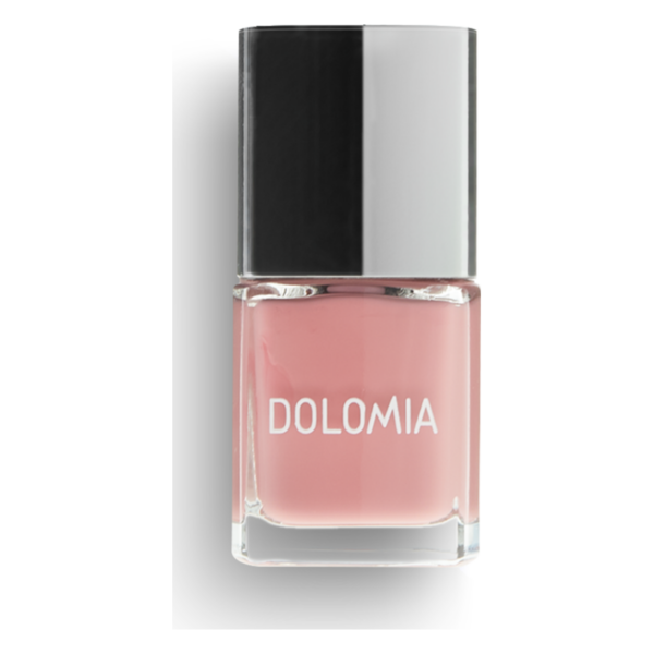 Nagellack in zartem Rosa mit glänzendem Deckel und Logo ‚DOLMIA‘ auf dem Flacon.
