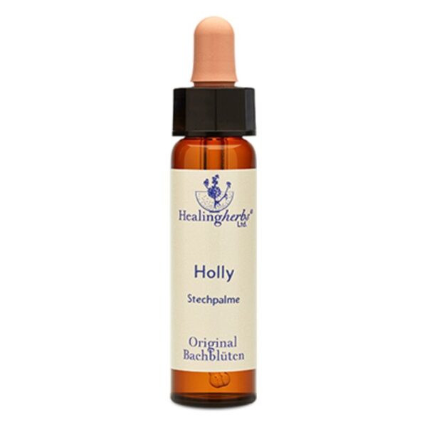 Braune Flasche mit Pipette, etikettiert mit 'Holly Stechpalme', Original Bachblüten von Healingherb.
