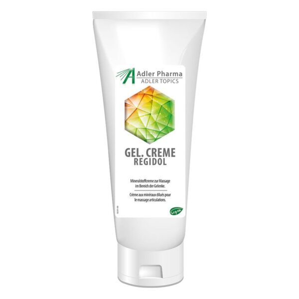 Tube mit Regidolf-Gel-Creme für Gelenkmassage und mineralstoffhaltiger Formel, weiße Verpackung.