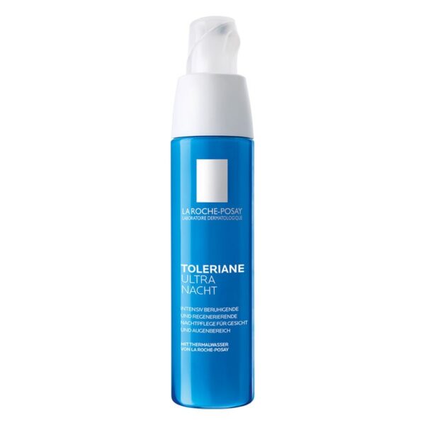 Flasche mit blauer Verpackung für die Nachtpflege Toleriane Ultra von La Roche-Posay, mit Pumpspender.