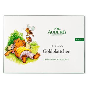 Verpackung von Dr. Klade's Goldplättchen mit Illustration eines Bären und einer Biene, Bienenwachsanwendung.