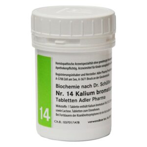 Weißer Behälter mit Deckel, etikettiert mit Informationen zu homöopathischen Kalium bromatum Tabletten von Adler Pharma.