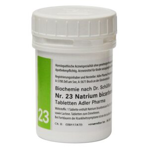 Weißer Behälter mit grünem Etikett, enthält homöopathische Natrium-Bicarbonat-Tabletten von Adler Pharma.