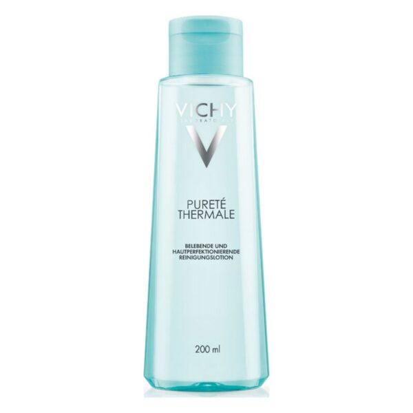 Eine flasche Vichy Pureté Thermale Reinigungslotion in transparentem, leicht bläulichem Kunststoff mit Flip-Top Verschluss.