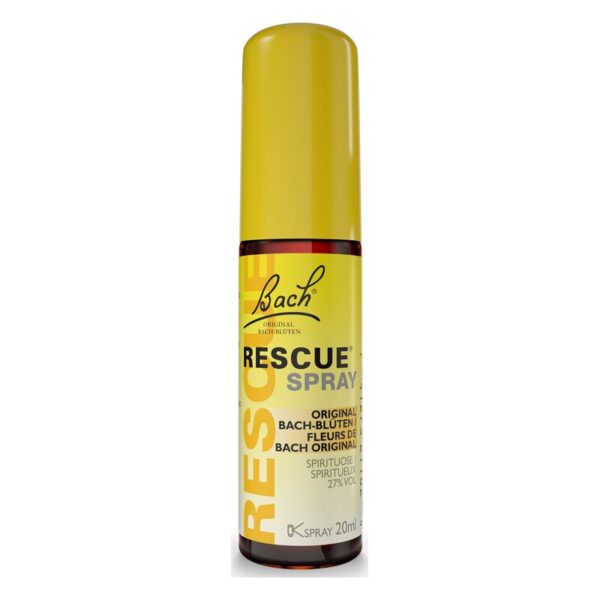 Ein gelbes Sprühfläschchen mit der Aufschrift 'Rescue Spray' von Bach, 20 ml, für Stressbewältigung.