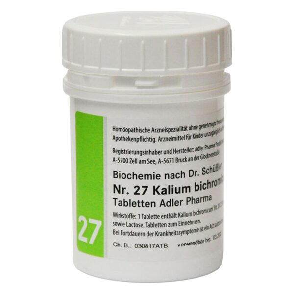 Weißer Kunststoffbehälter mit einem grünen Etikett, beschriftet mit 'Nr. 27 Kalium bichromicum' und Anwendungshinweisen.
