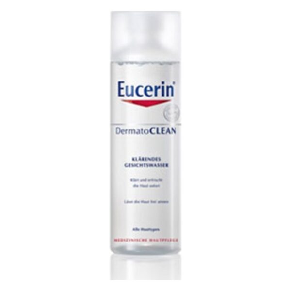 Flasche mit klärendem Gesichtswasser von Eucerin, beschriftet mit 'DermatoCLEAN'. Transparentes Design mit blauem und rotem Logo.