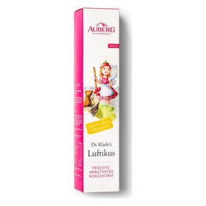 Verpackung eines Früchtetee-Konzentrats mit einem Mädchen in Engelkostüm auf der Vorderseite.