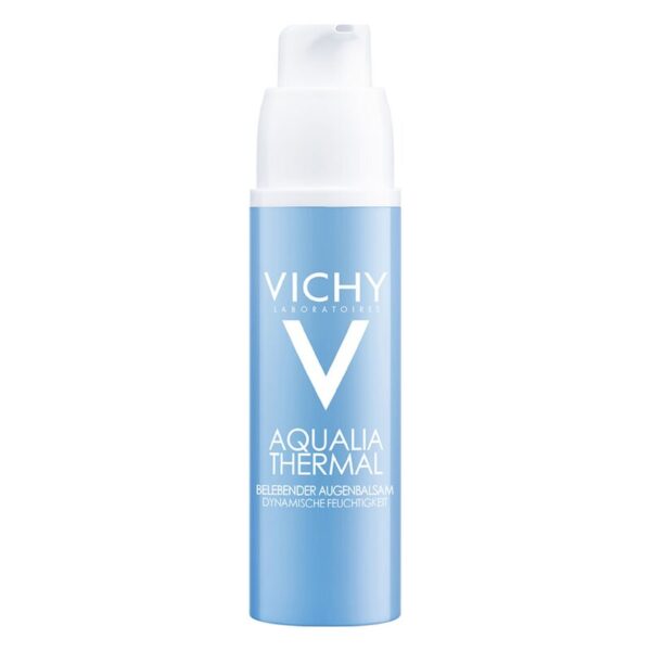 Blaue Flasche mit Pumpverschluss, Augenbalsam von Vichy, für dynamique Feuchtigkeit.