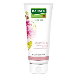 Tube einer Körperlotion mit Malven- und Traubenkernessenz, floralem Design und Beschreibung "blumig zart & sanft".