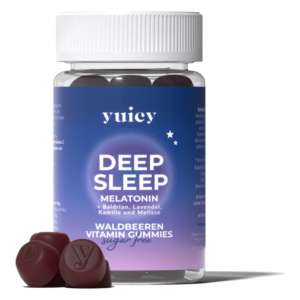 Flasche mit zuckerfreien Waldbeer-Vitamingummis zur Unterstützung von tiefem Schlaf, mit Melatonin und Kräutern.