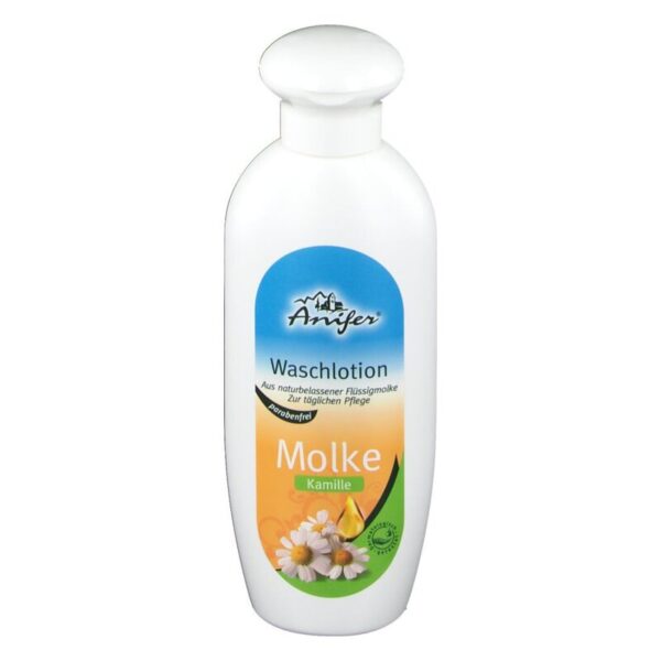 Flasche mit Waschlösung aus Flüssigmolke und Kamille, für tägliche Pflege, parabenfrei.