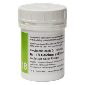 Weißer Kunststoffbehälter mit grünem Etikett, Inhalt: homöopathische Calcium-sulfurat-Tabletten von Adler Pharma.