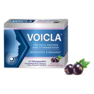 Packung mit 24 VOICLA Weichpastillen für Hals, Rachen und Stimmbänder, mit Inhaltsstoffen wie Honig-Melonen-Extrakt und Zink.