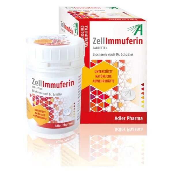 Verpackung und Dose von ZellImmuferin, einem Nahrungsergänzungsmittel zur Unterstützung der natürlichen Abwehrkräfte.