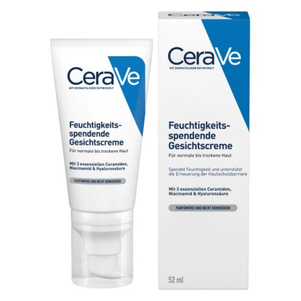 Weißer Tubenbehälter mit blauer Schrift, Feuchtigkeitscreme für normale bis trockene Haut, in Verpackung mit Produktdetails.