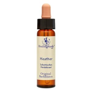 Eine braune Glasflasche mit Pipette, beschriftet mit "Heather" und "Schottisches Heidekraut" von Healingherbs.