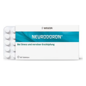 Packung Neurodoron von Weleda mit 80 weißen Tabletten, zur Linderung von Stress und nervöser Erschöpfung.