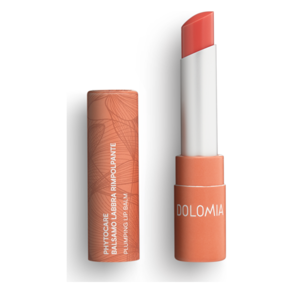 Farbiger Lippenbalsam in einem orangefarbenen Verpackungsröhrchen mit weißem Deckel und typografischen Details.