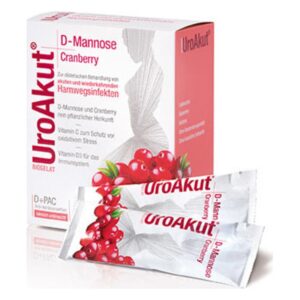 Verpackung von UroAkut mit D-Mannose und Cranberry für die Behandlung von Harnwegsinfekten, zwei stickstoffförmige Beutel sichtbar.