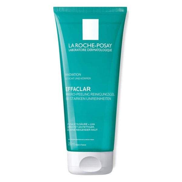 Tubengriff mit grün-blauer Verpackung, beschriftet mit "Effaclar Mikro-Peeling Reinigungsgel" von La Roche-Posay.