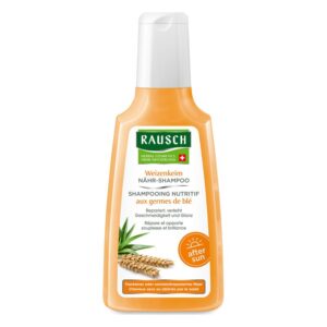 Flasche Rausch Weizenkeim Nähr-Shampoo in orange mit grünem Etikett, betont Pflege für trockenes Haar nach Sonnenexposition.
