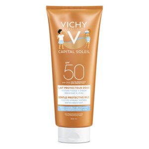 Sonnenschutzmittel in einer braunen Tube mit 50 SPF, für empfindliche Kinderhaut, wasserfest und leicht aufzutragen.