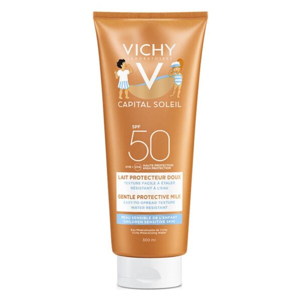 Sonnenschutzmittel in einer braunen Tube mit 50 SPF, für empfindliche Kinderhaut, wasserfest und leicht aufzutragen.