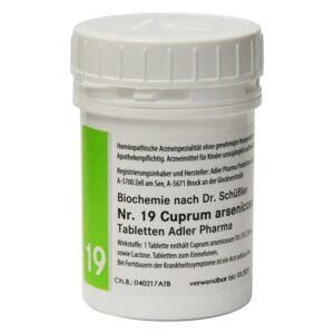 Runde, weiße Medikamentenpackung mit grünem Etikett, enthält homöopathische Tabletten nach Dr. Schüßler, Nr. 19.
