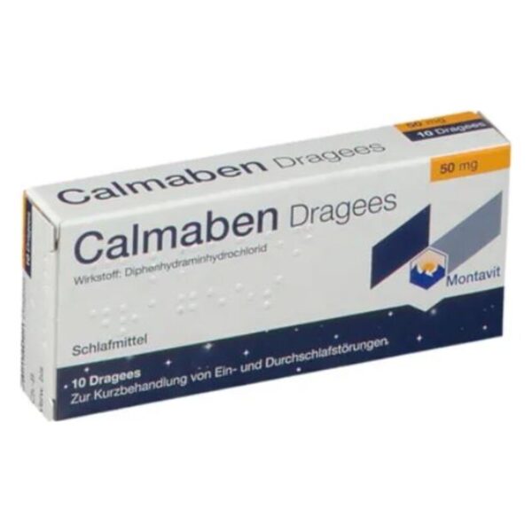 Verpackung von Calmaben Dragees, ein Schlafmittel mit 50 mg Diphenhydraminhydrochlorid, zur Behandlung von Schlafstörungen.