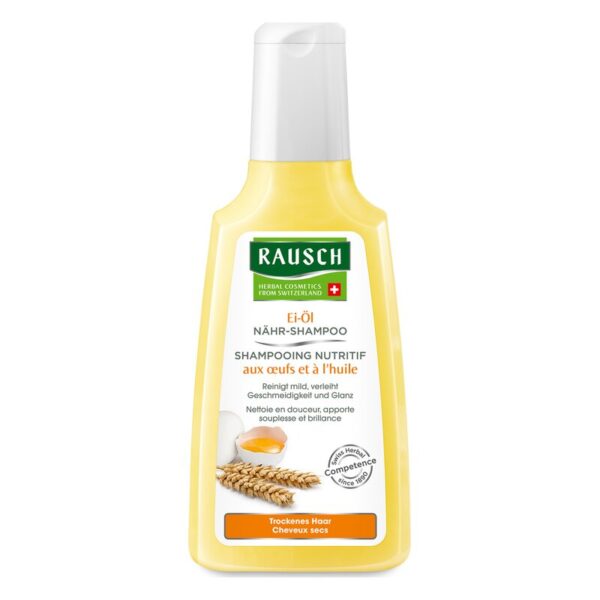 Flasche Rausch Ei-Öl Nähr-Shampoo mit gelbem Etikett und grünem Logo, für trockenes Haar.