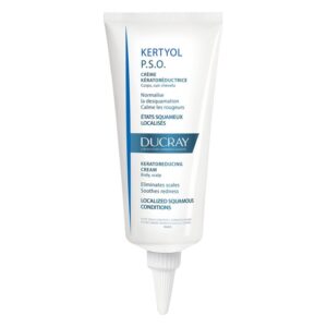 Eine Tube Kertyl P.S.O. Keratoredutionscreme für Körper und Kopfhaut mit blau-weißer Beschriftung.