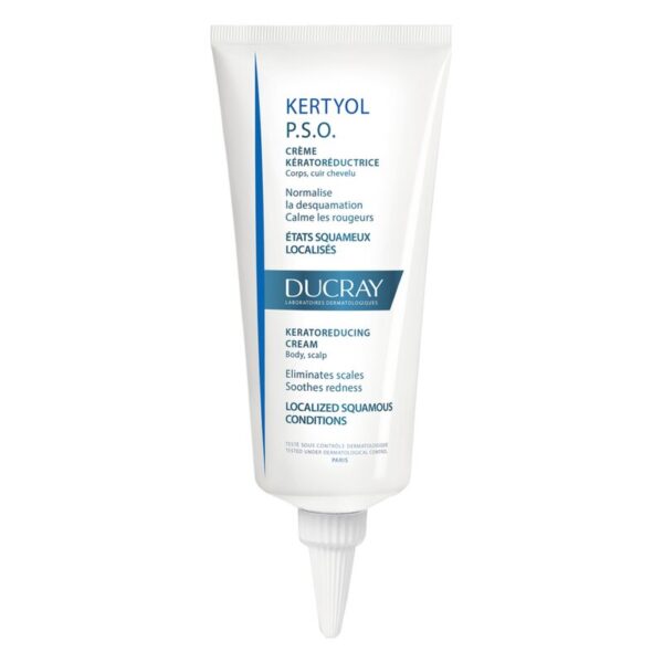 Eine Tube Kertyl P.S.O. Keratoredutionscreme für Körper und Kopfhaut mit blau-weißer Beschriftung.