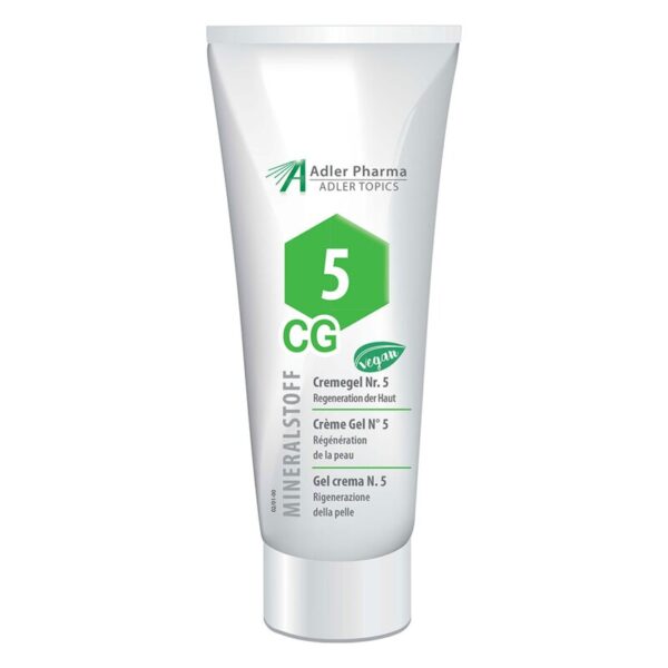 Tube mit Cremegel Nr. 5 für die Hautregeneration, vegan, mit grünem Hexagon-Design und mehrsprachigen Angaben.