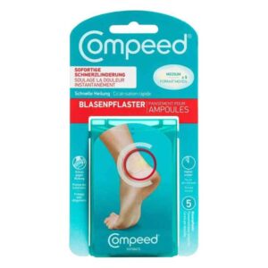 Verpackung von Compeed Blasenpflaster für die sofortige Schmerzlinderung und schnelle Heilung, mit einem Fußabbild.