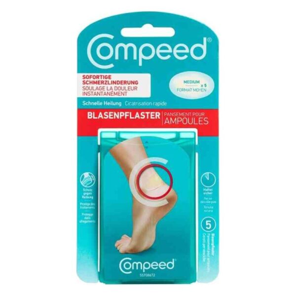 Verpackung von Compeed Blasenpflaster für die sofortige Schmerzlinderung und schnelle Heilung, mit einem Fußabbild.