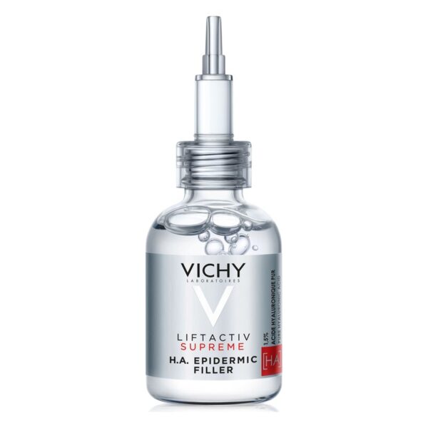 Flasche mit transparentem Filler von Vichy, Liftactiv Supreme, mit Pipette und silbernem Etikett.