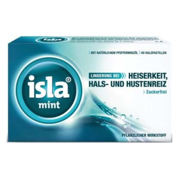 Paket von isla mint Hals- und Hustenpastillen mit natürlichem Pfefferminzöl, zuckerfrei, 60 Stück.