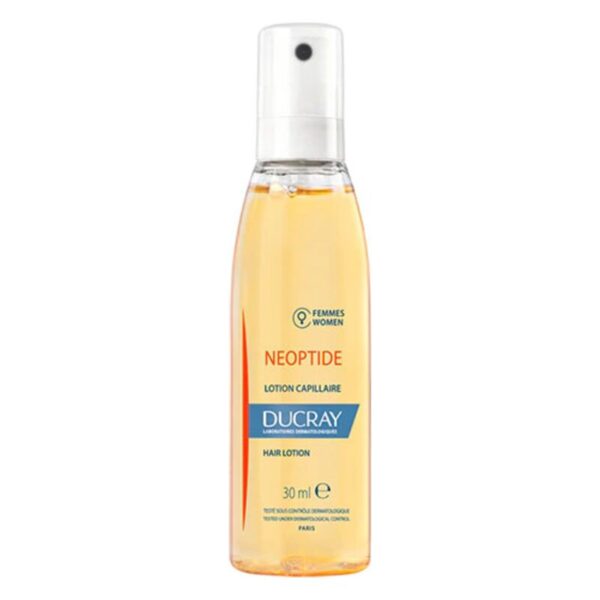 Haartonikum in einer transparenten 30 ml Sprühflasche mit gelbem Inhalt und blauer Etikettierung.