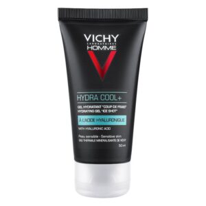 Schwarze Tube mit hydrierendem Gel von Vichy, beschriftet mit "HYDRA COOL+" und Inhaltsstoffen wie Hyaluronsäure.