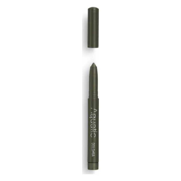 Dunkelgrüner Lippenstift in Stiftform mit herausnehmbarer Kappe und Schriftzug "Aquatic Dolomia".