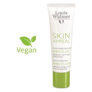 Tubenverpackung von 'SKiN APPEAL SEBO FLUID' für feuchtigkeitsreiche Pflege, vegan, geeignet für unreine und fettige Haut.